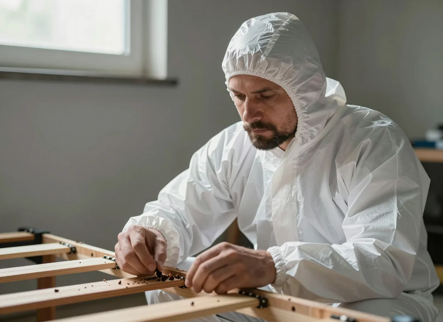 Schädlingsbekämpfer im Schutzanzug untersucht Kotspuren am Bettgestell