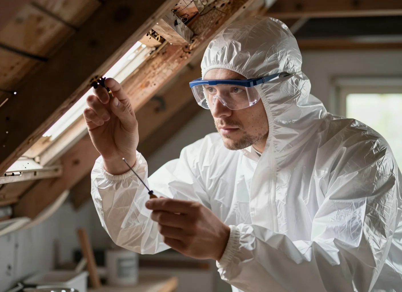 Untersuchung eines Dachbalkens mit Ausfluglöchern auf Holzschädlinge