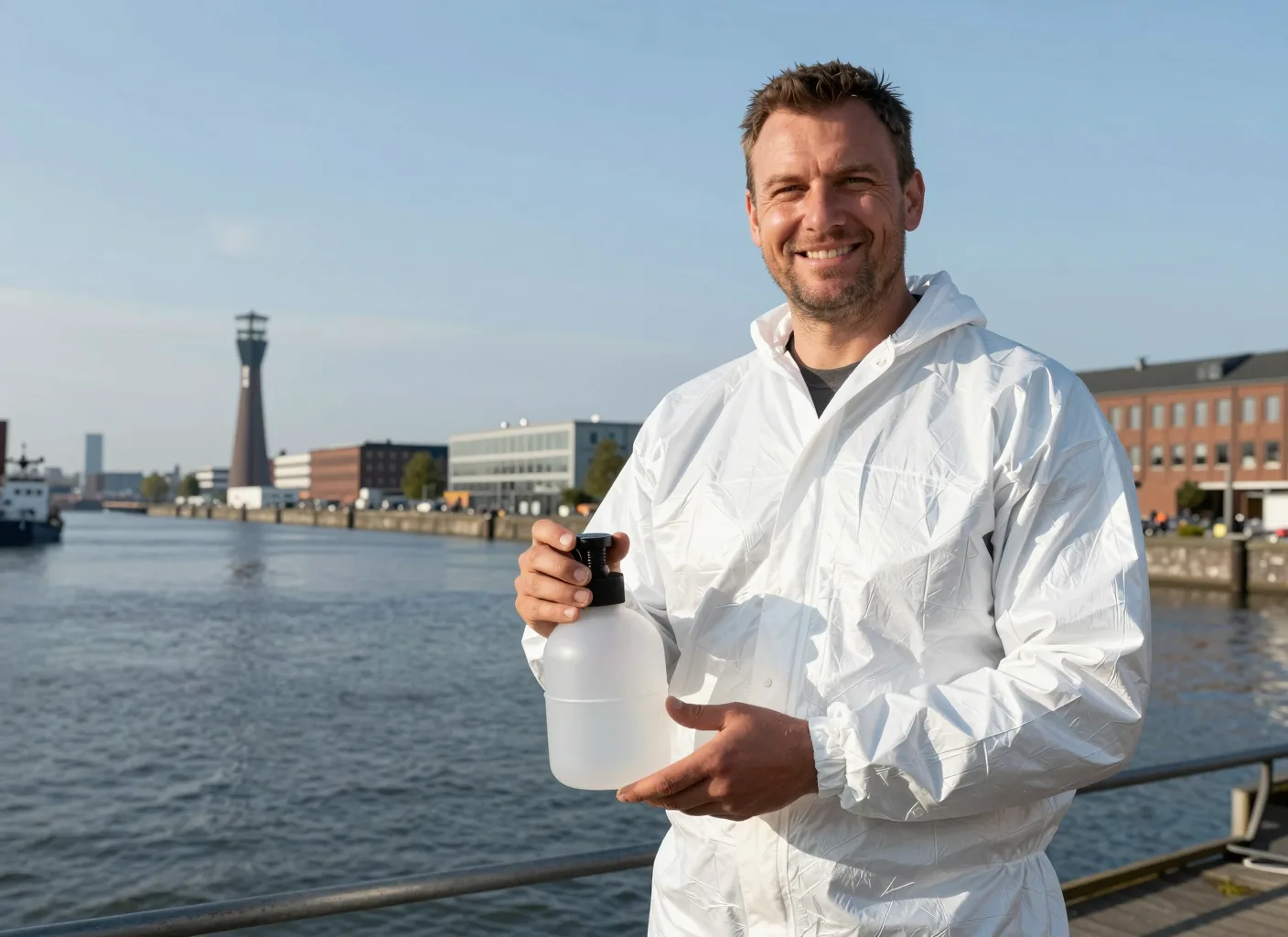 Schädlingsbekämpfer im Schutzanzug am Duisburger Innenhafen
