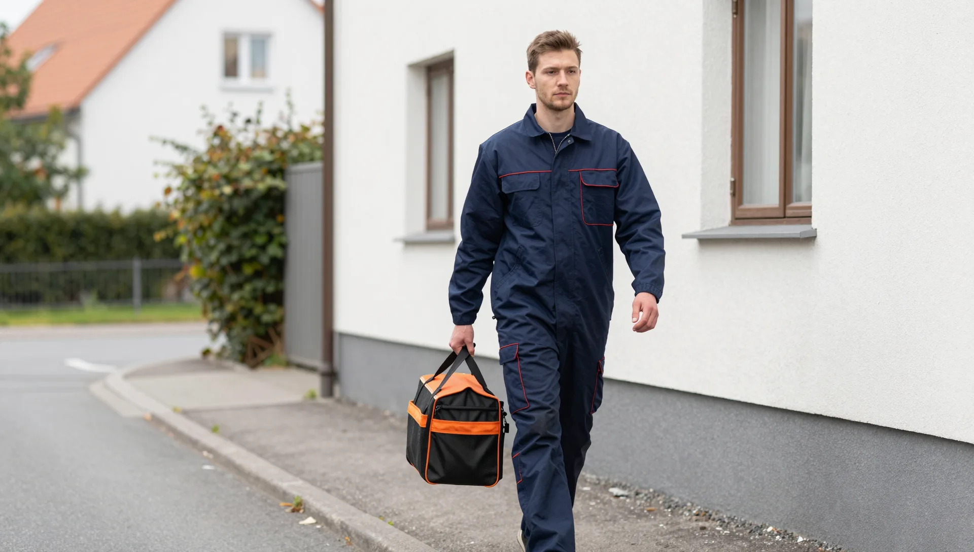 Schädlingsbekämpfer mit Werkzeugtasche auf dem Weg zum Einsatzort in einer Wohnstraße