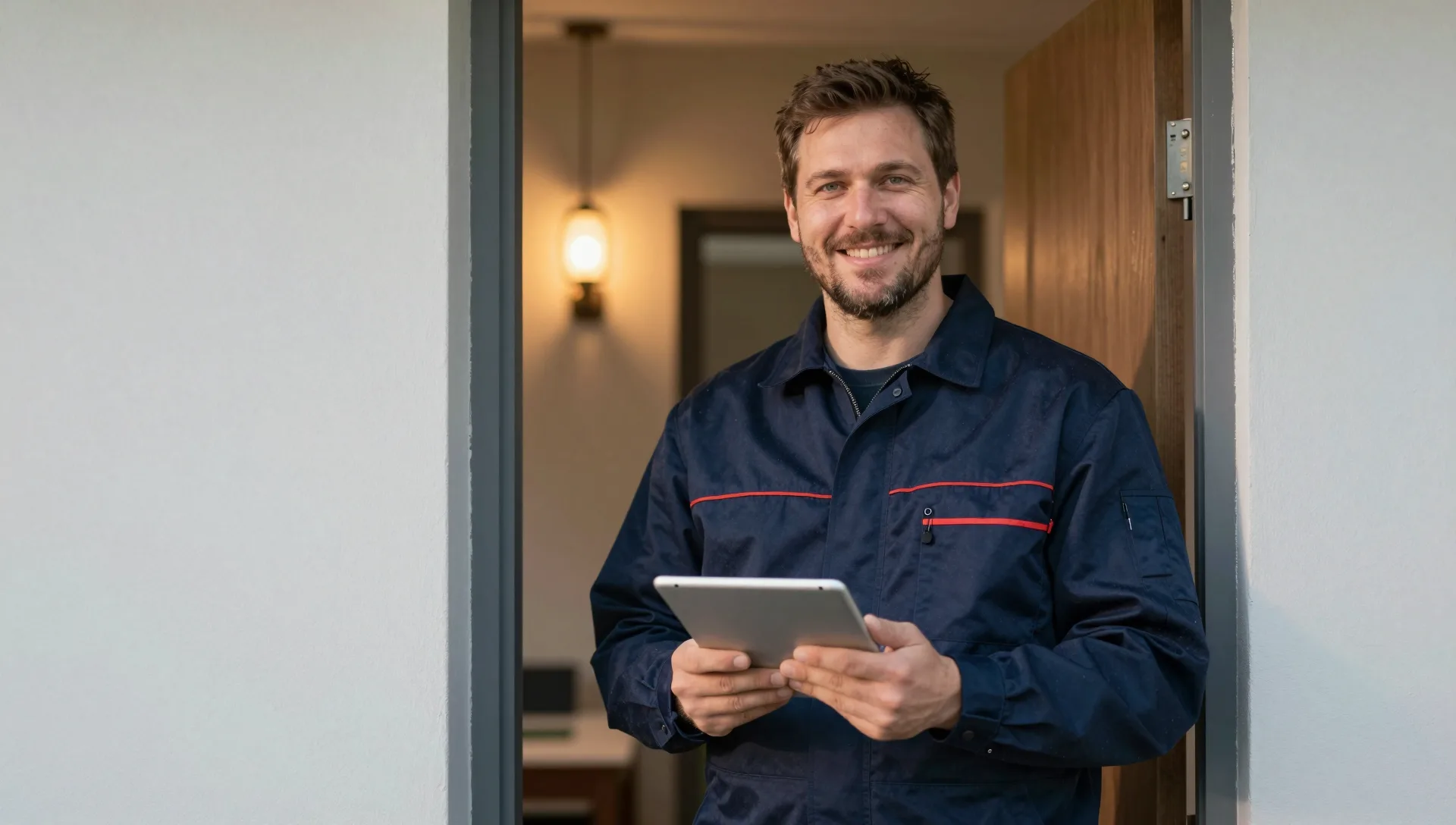 Schädlingsbekämpfer mit Tablet in der geöffneten Wohnungstür