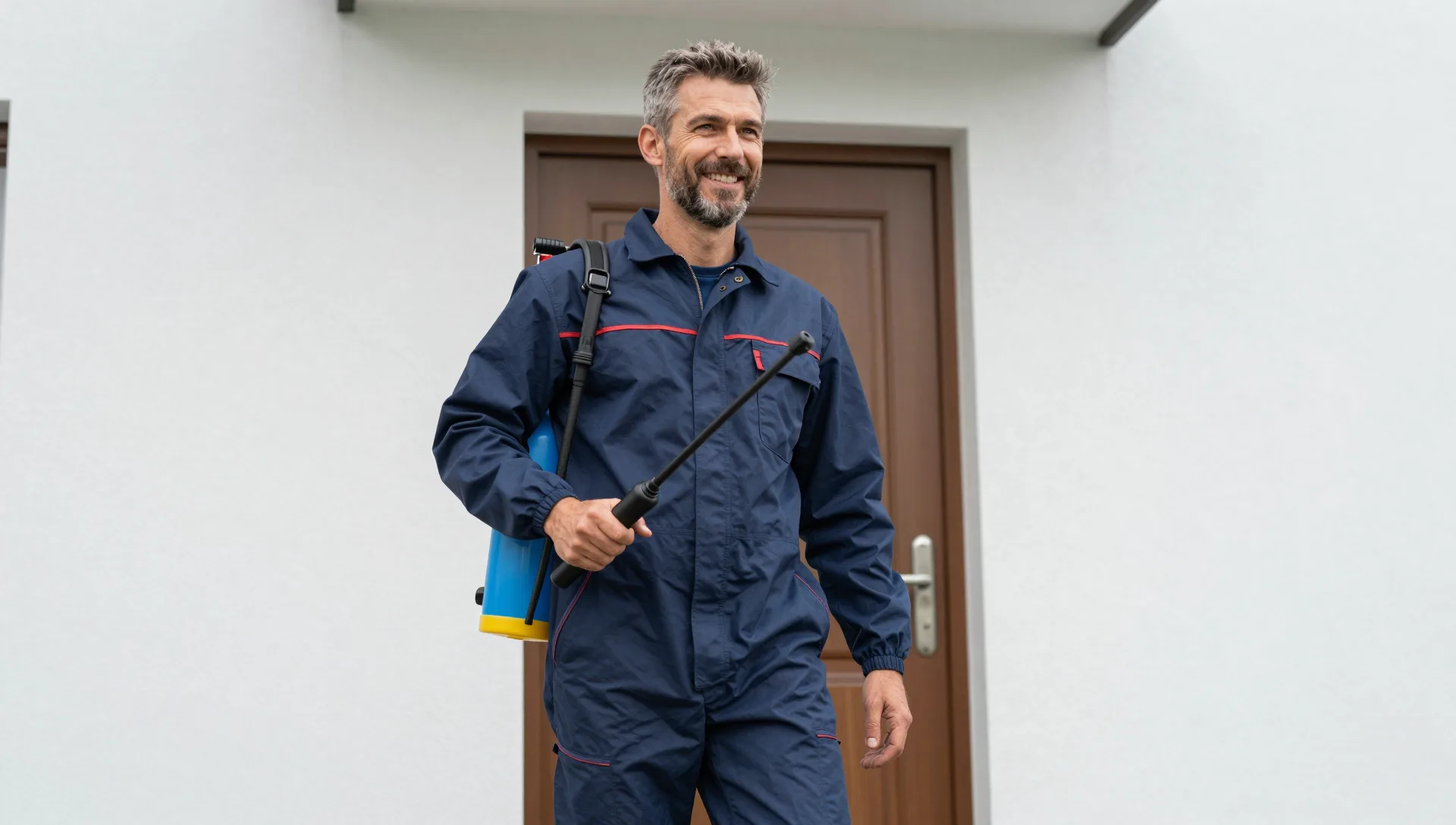 Schädlingsbekämpfer mit Drucksprühgerät über der Schulter vor einer Haustür