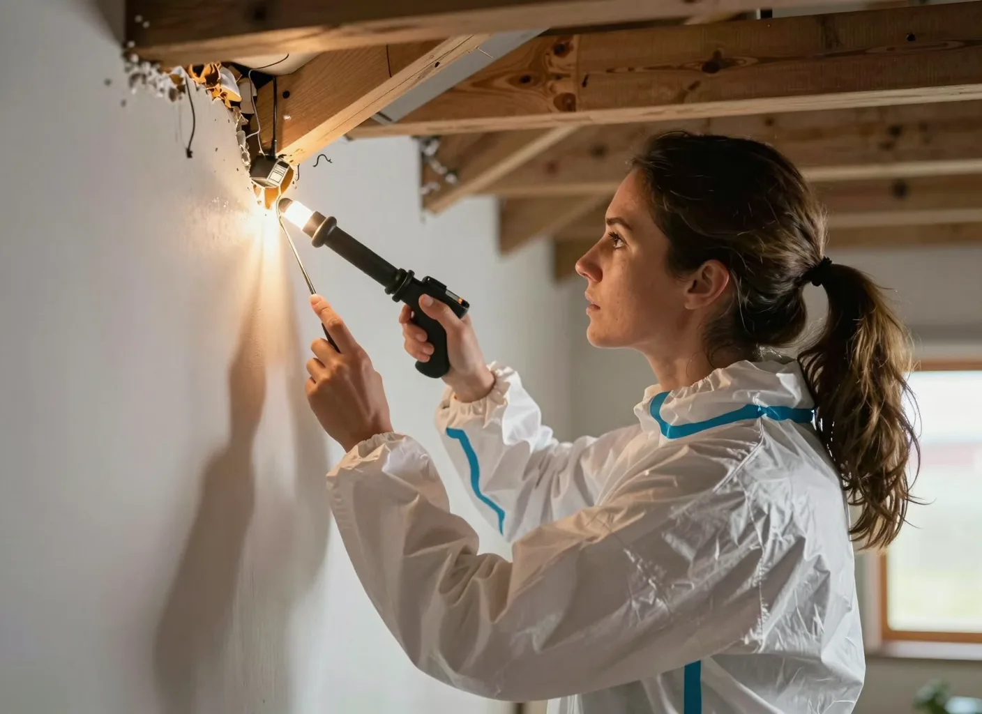 Ausleuchten einer beschÀdigten Wand-Decken-Fuge mit der Inspektionsleuchte